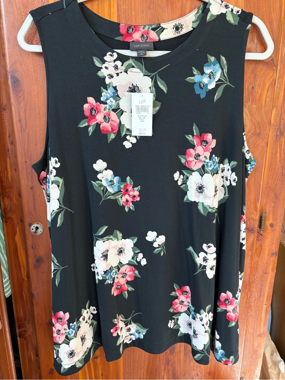 J. Jill Black Sleeveless Floral Tank with Pink, Blue & White Blooms